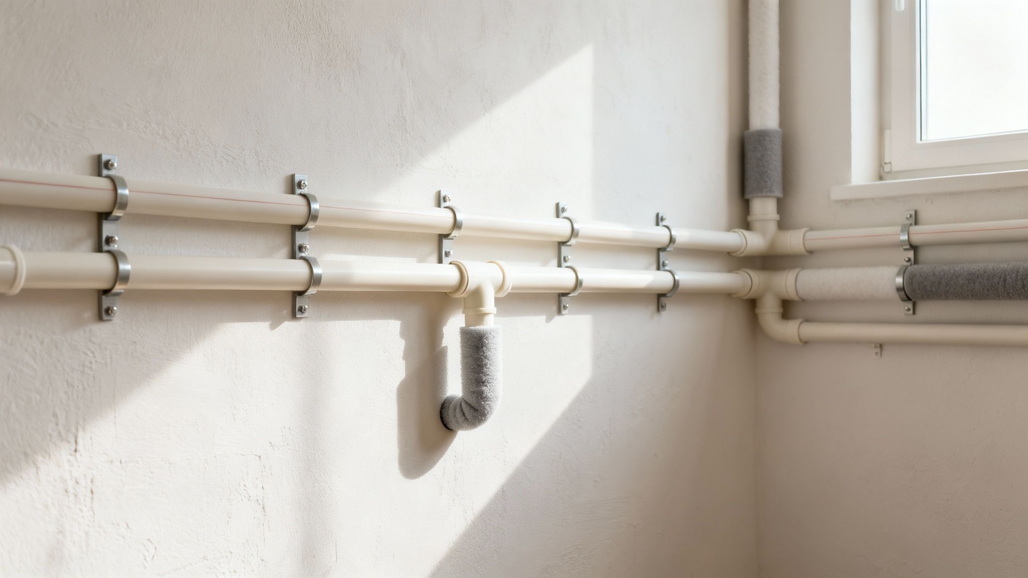 Falra szerelt fehér PPR csőrendszer látható szürke és fehér szigeteléssel, világos szobában.