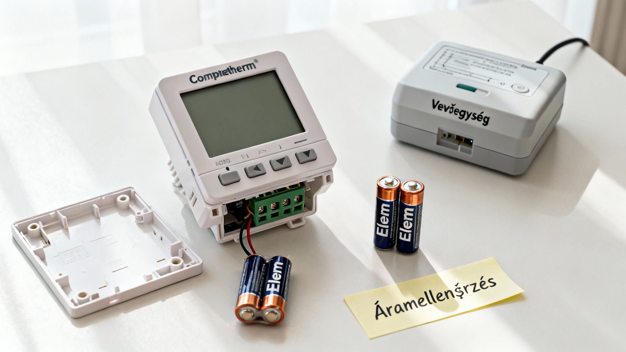 Computherm termosztát, vevőegység és elemek fehér asztalon, telepítésre készen, áramellenszérzés felirattal.