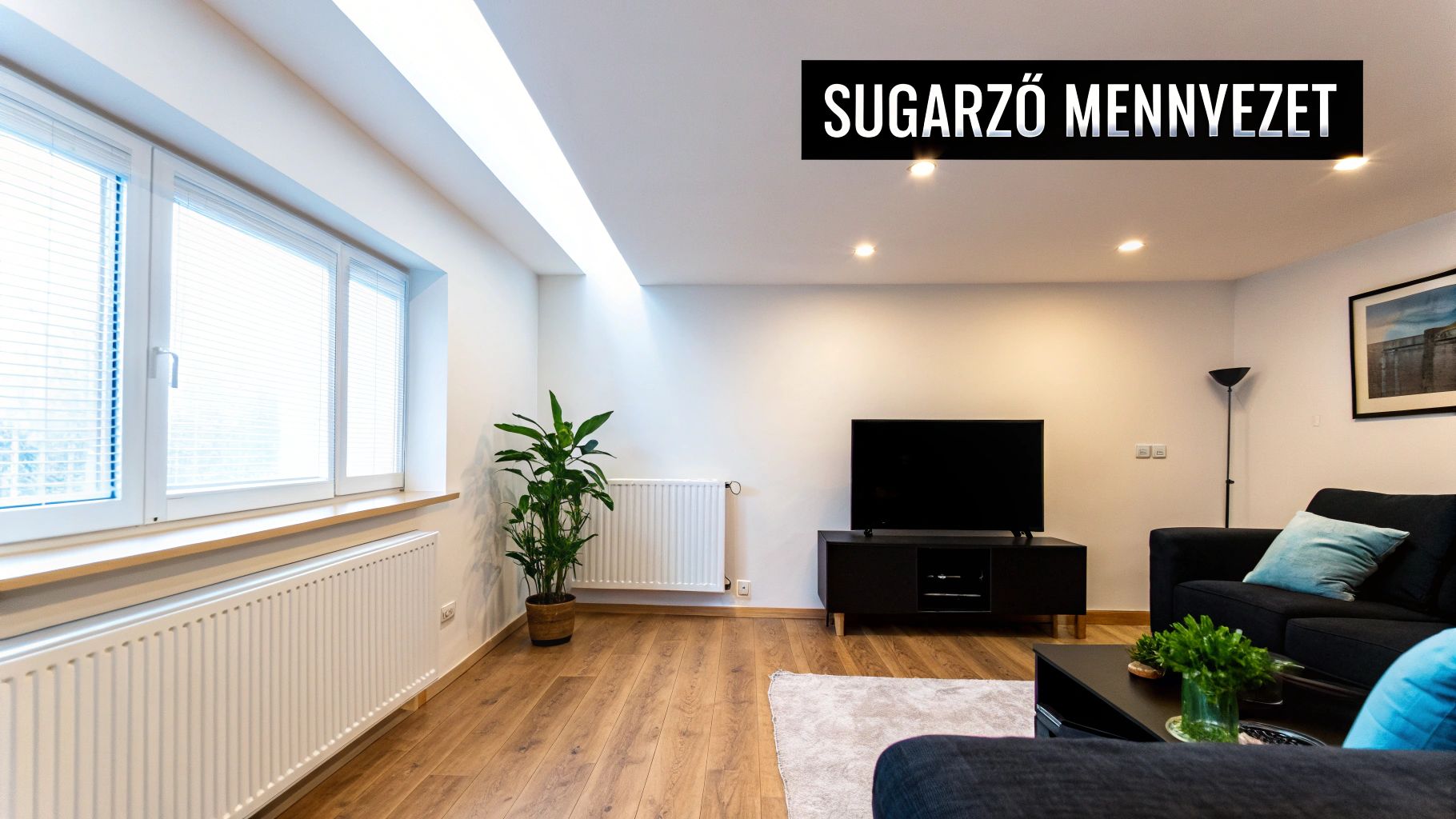 Modern nappali mennyezetfűtéssel