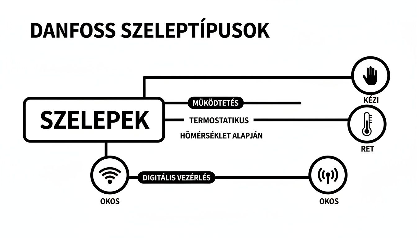 Diagram a Danfoss szeleptípusokról: kézi, termosztatikus és digitális (okos) vezérlési lehetőségek.