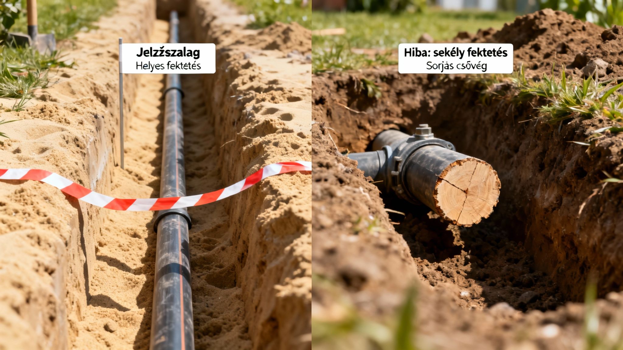 KPE cső fektetése árokban: helyes szerelés jelzőszalaggal és hibás, sekély fektetés fa elemmel, összehasonlítva.