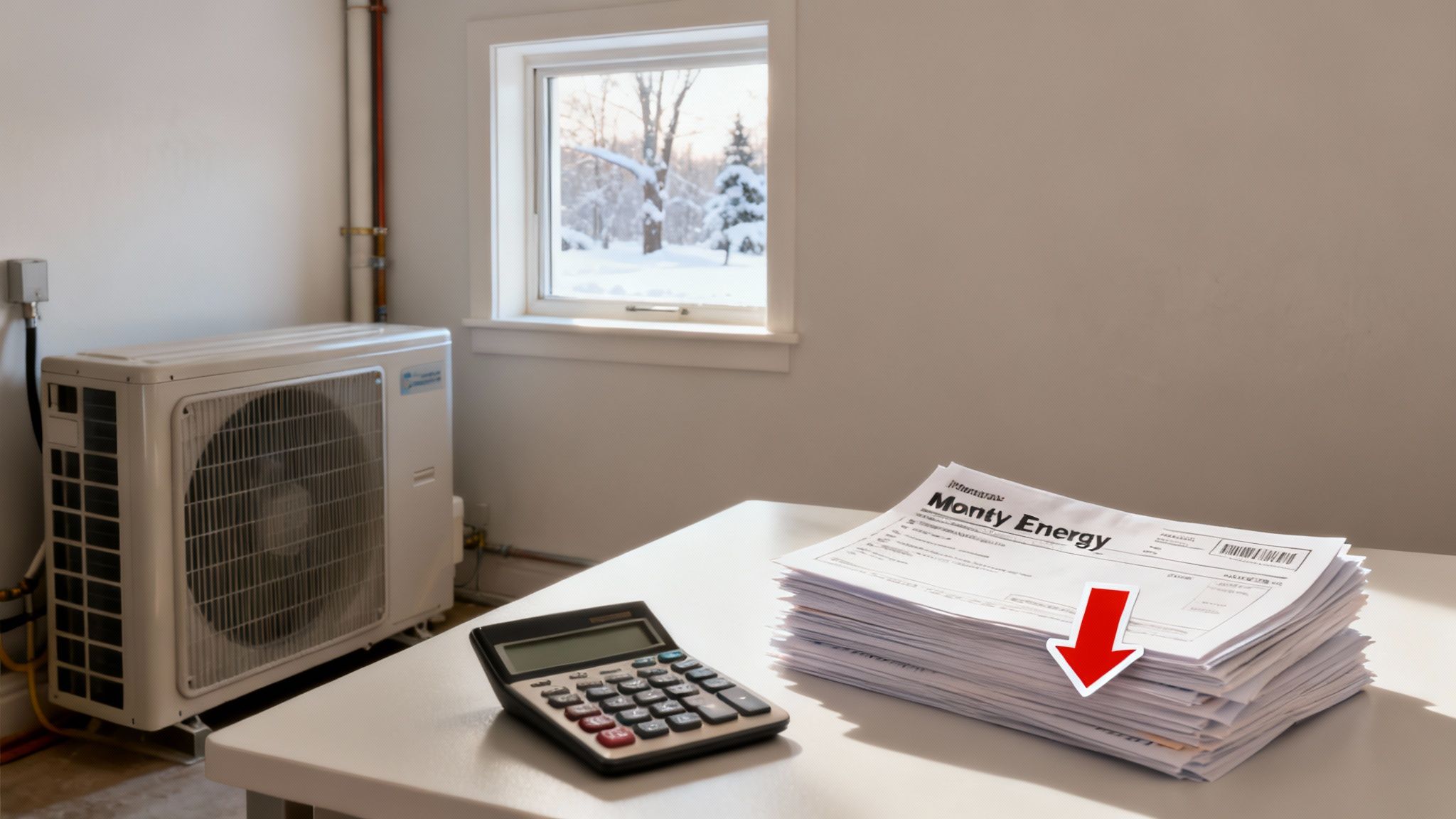 Hőszivattyú, számológép és energiaszámlák egy asztalon, háttérben havas táj ablakon keresztül. Jelentős megtakarítást jelez.