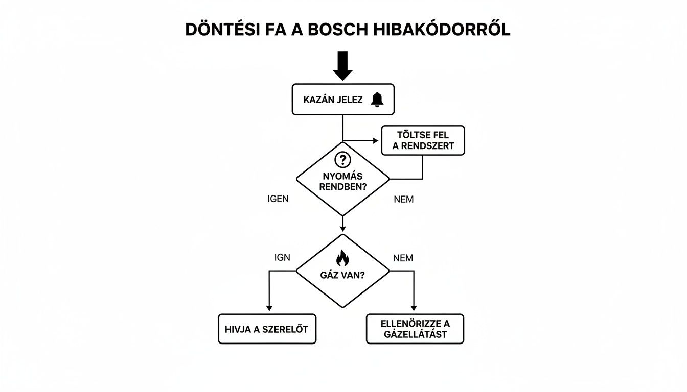 A Bosch kondenzációs kazán hibakódok elhárítására szolgáló döntési fa diagram, lépésről lépésre segítve a hibakeresést és megoldást.