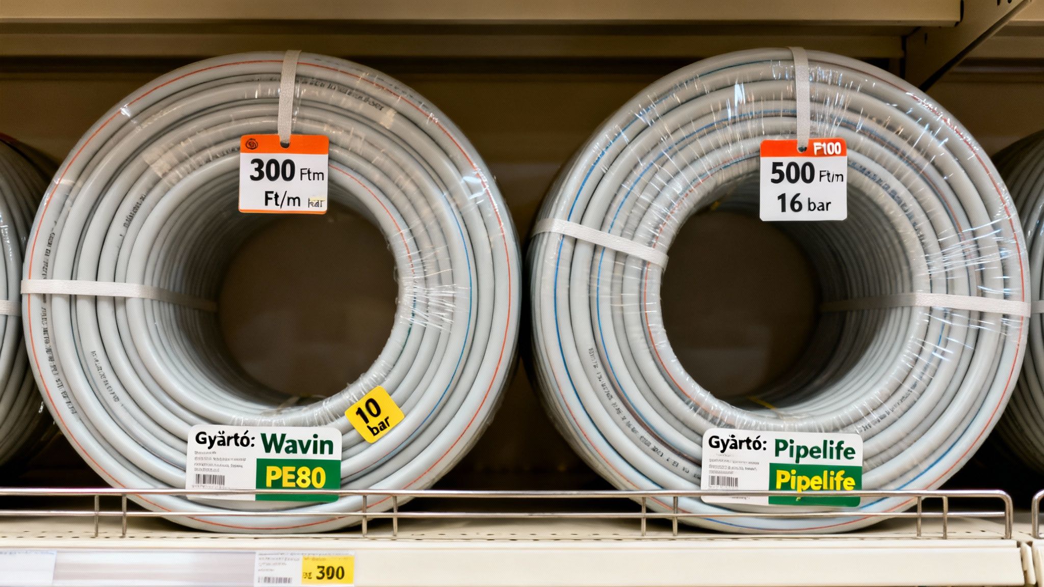 Két tekercs KPE cső látható egy bolt polcán, árakkal és gyártói információkkal.