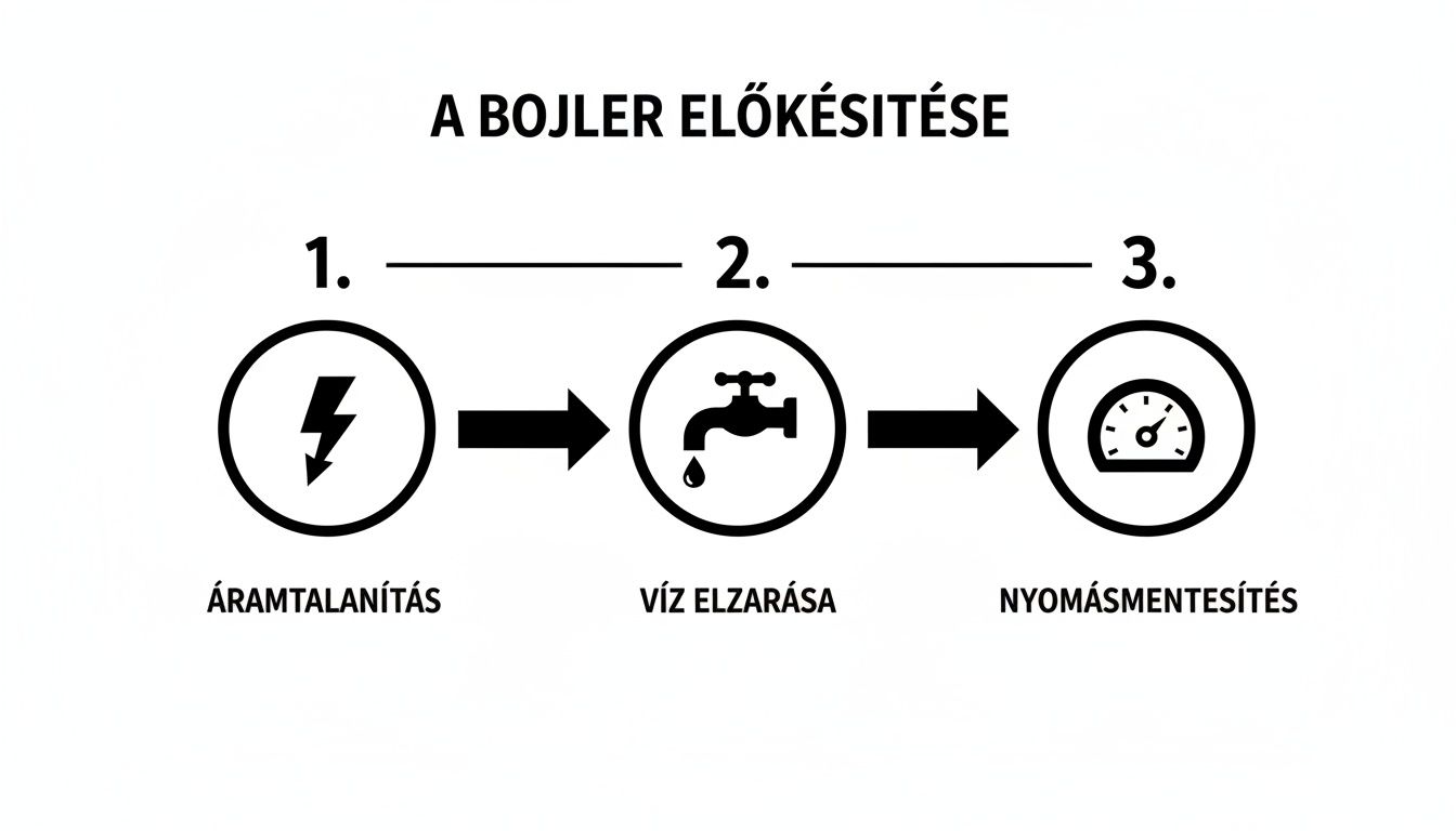 A bojler előkészítésének lépései: áramtalanítás, víz elzárása és nyomásmentesítés, ikonokkal illusztrálva.