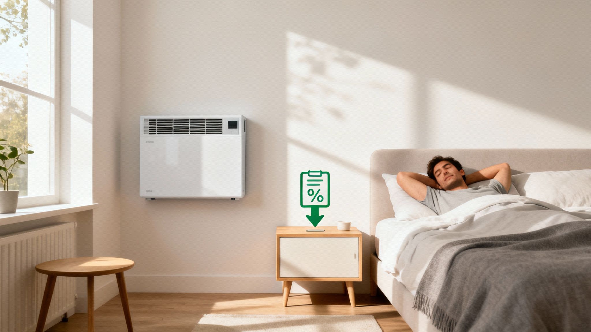 Férfi alszik kényelmesen a hálószobájában, falon modern szellőztetőrendszerrel és energiatakarékos ikonnal az éjjeliszekrényen.