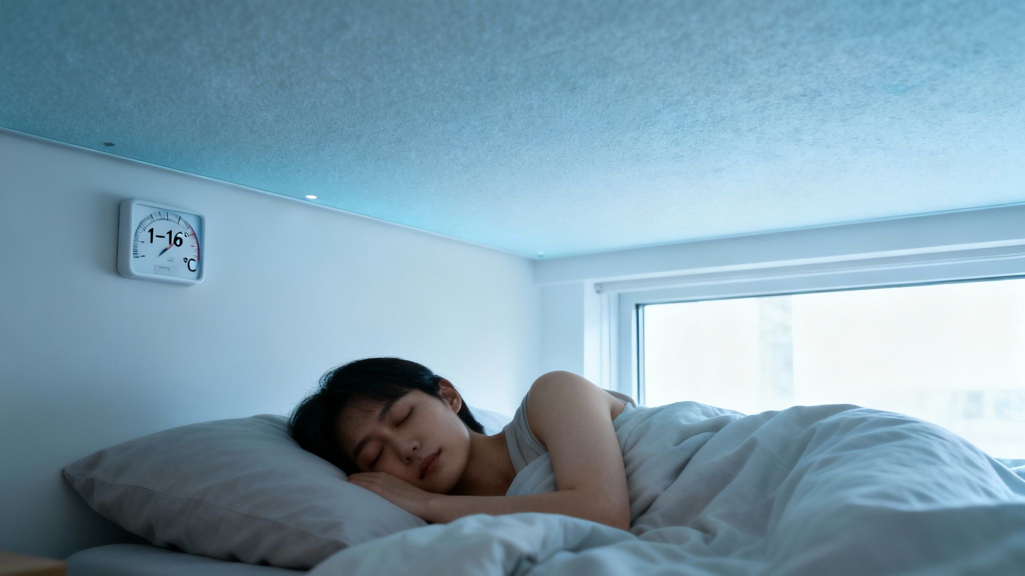 Fiatal nő alszik békésen egy modern hálószobában, ahol egy hőmérő mutatja a kellemes, hűvös hőmérsékletet.