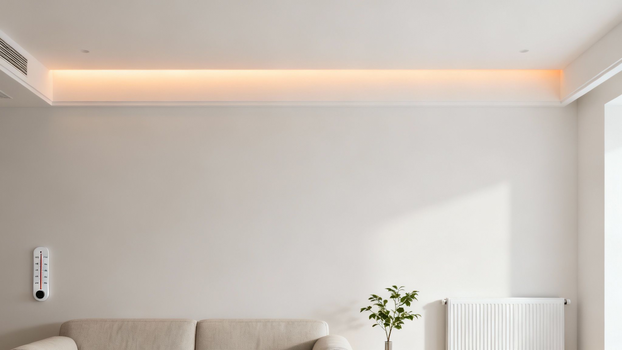 Modern nappali belső tér mennyezeti világítással, falon hőmérővel és radiátorral.