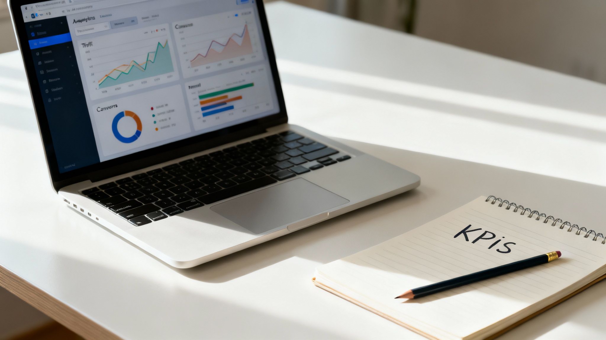 Un portátil muestra gráficos de análisis de datos y un cuaderno con 'KPIs' y un lápiz.