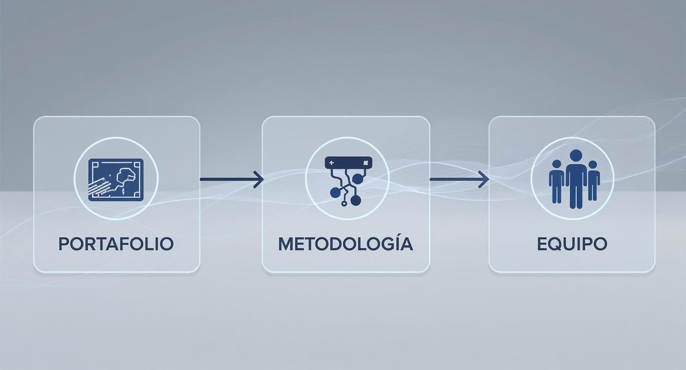 Descripción visual del proceso: Portafolio, Metodología y Equipo, conectados por flechas.