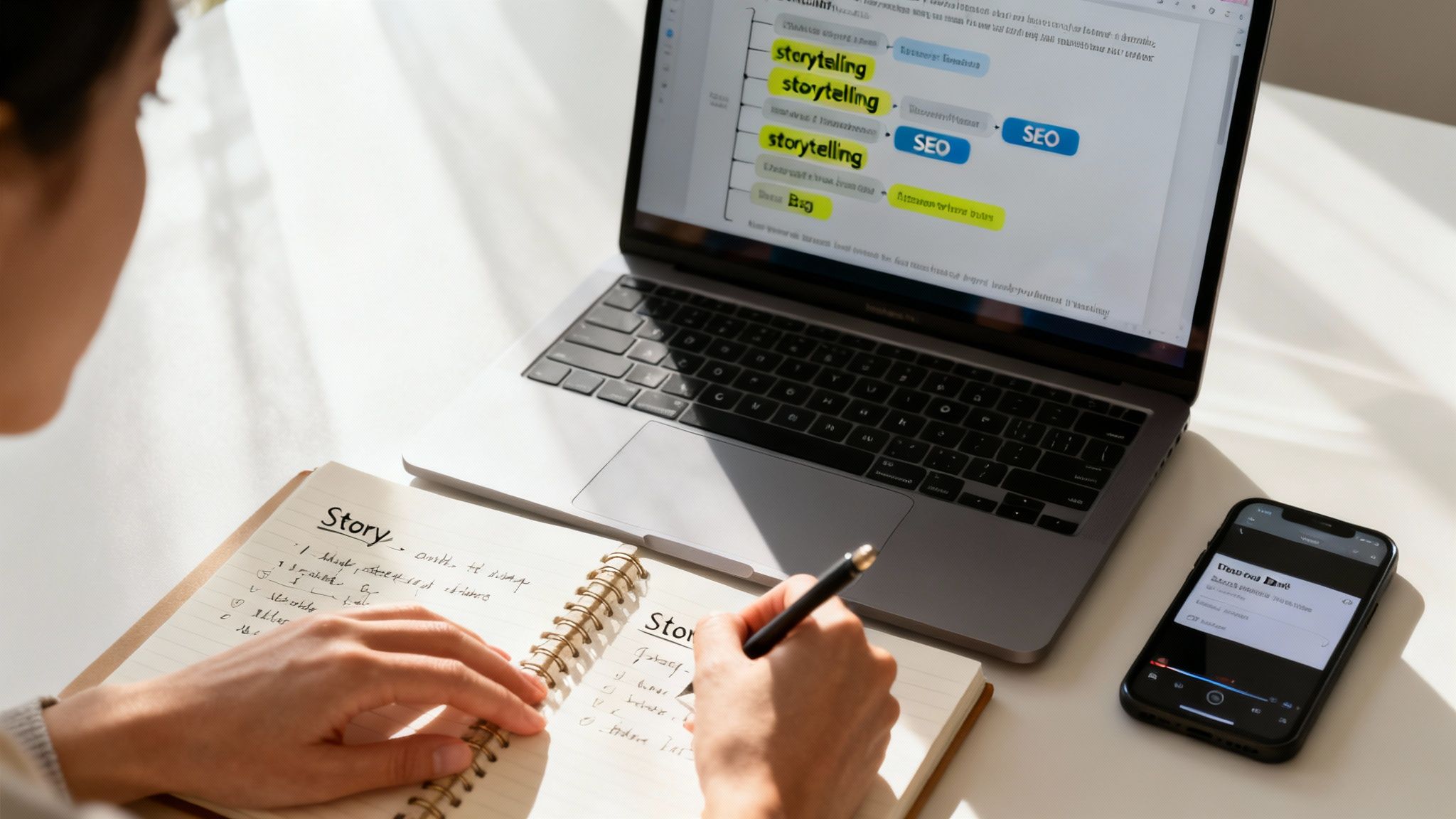 Persona escribiendo sobre storytelling en cuaderno mientras trabaja en estrategia de contenido digital y SEO