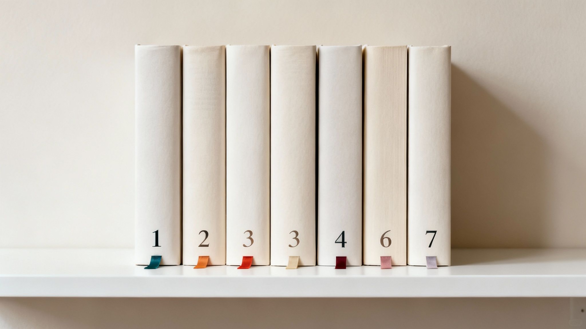 Colección de siete libros organizados en estante con números y marcadores de colores para clasificación