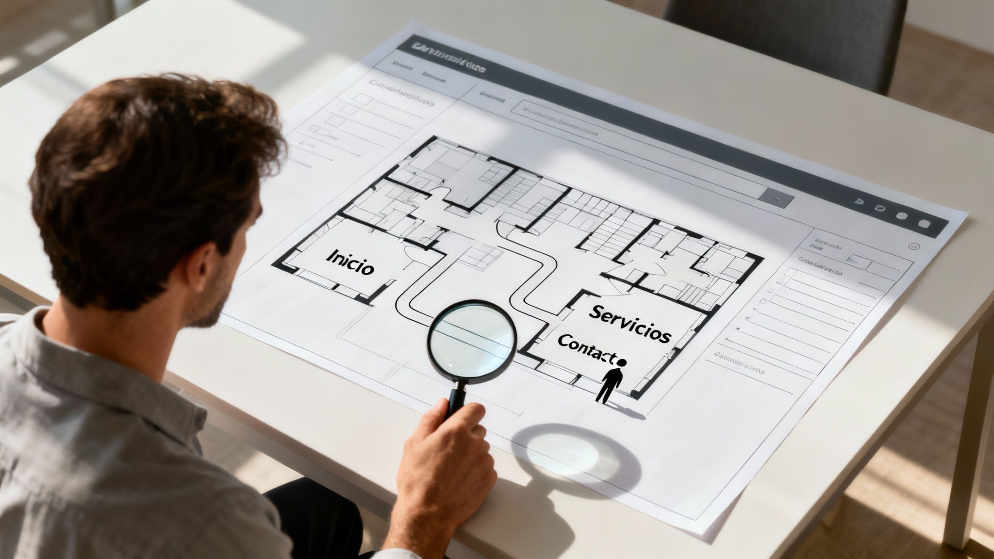 Profesional analizando la arquitectura y estructura de navegación de un sitio web con lupa