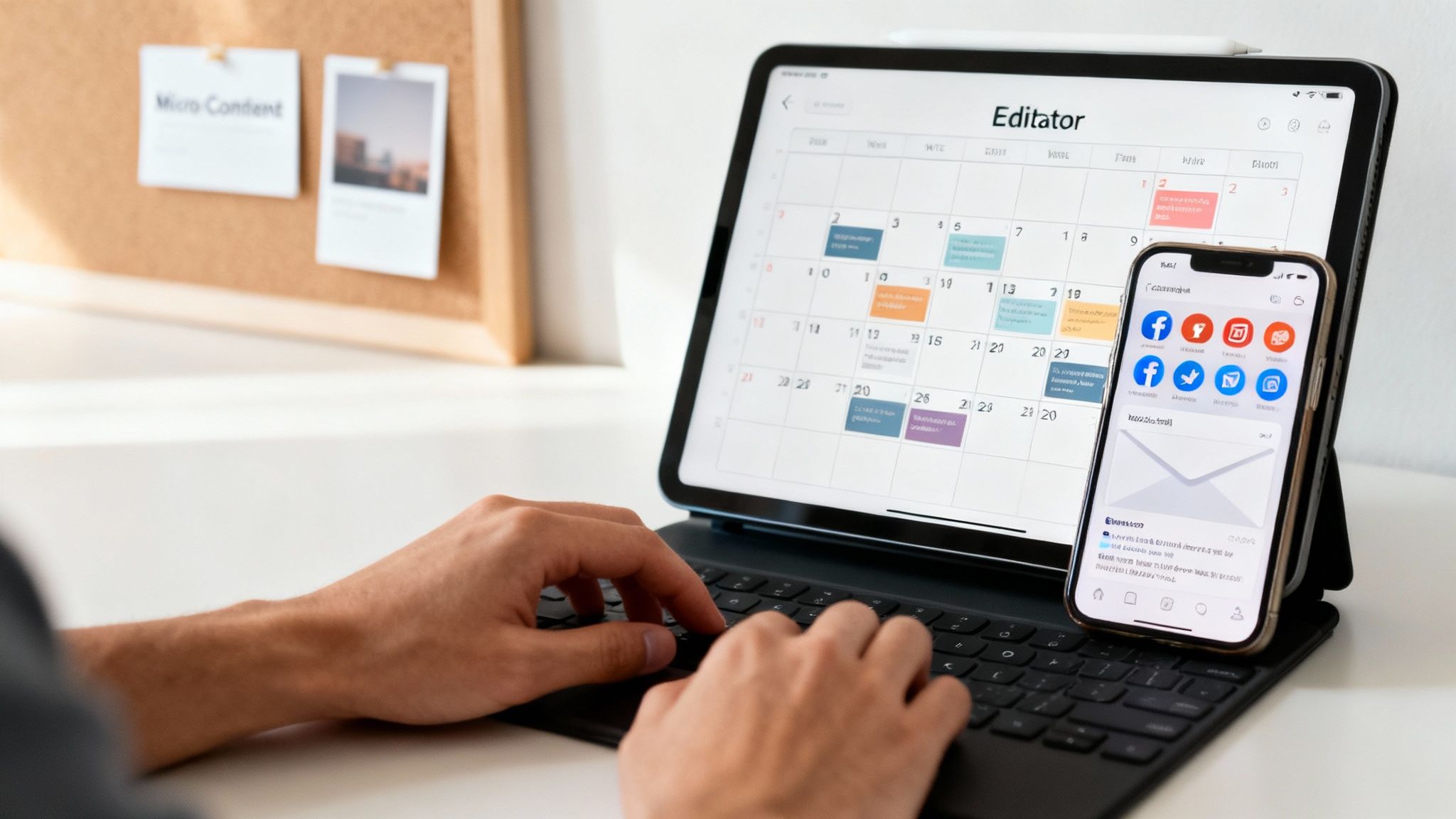Persona trabajando en tableta con calendario editorial y teléfono mostrando aplicaciones de redes sociales