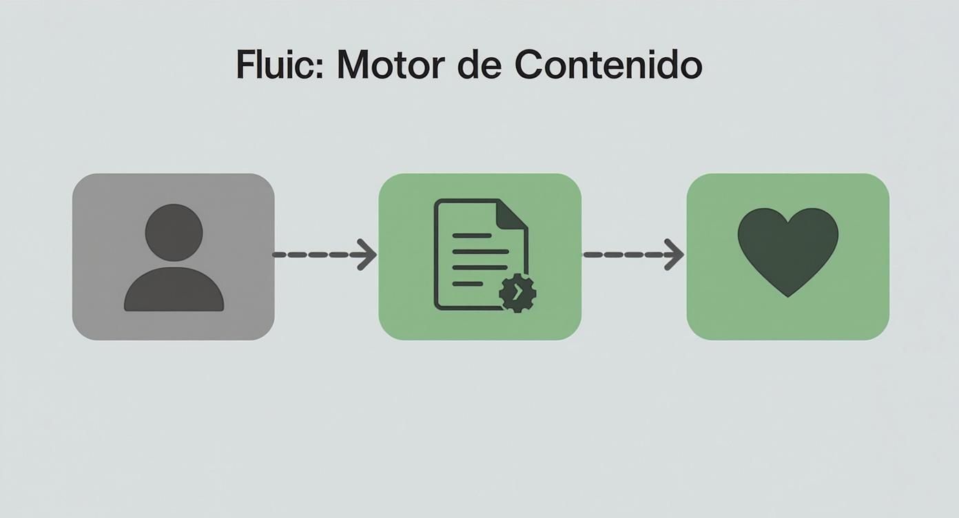 Diagrama de flujo mostrando el proceso del motor de contenido: usuario, documento automatizado y corazón de engagement