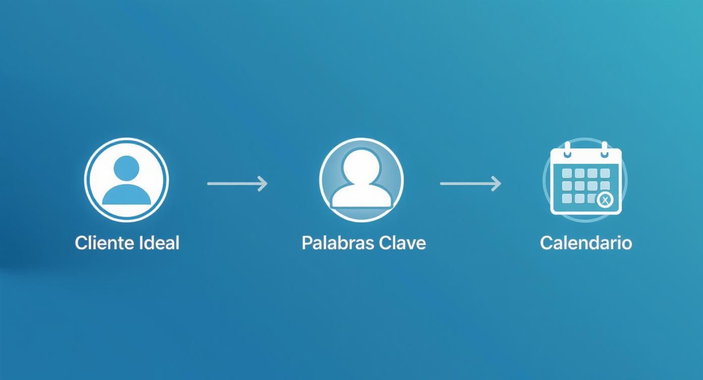Diagrama que ilustra el proceso de identificación del cliente ideal, palabras clave y planificación del calendario.