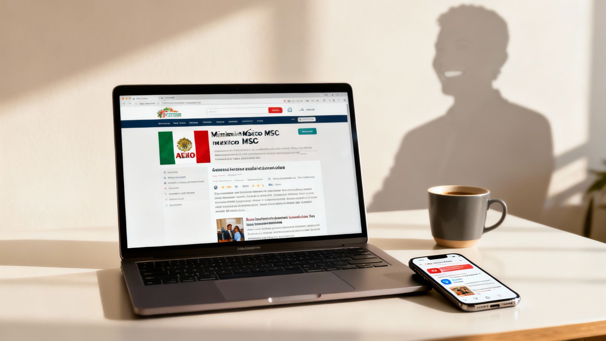 Un portátil con un sitio web de México, un teléfono, una taza de café y una sombra sonriente en una mesa.