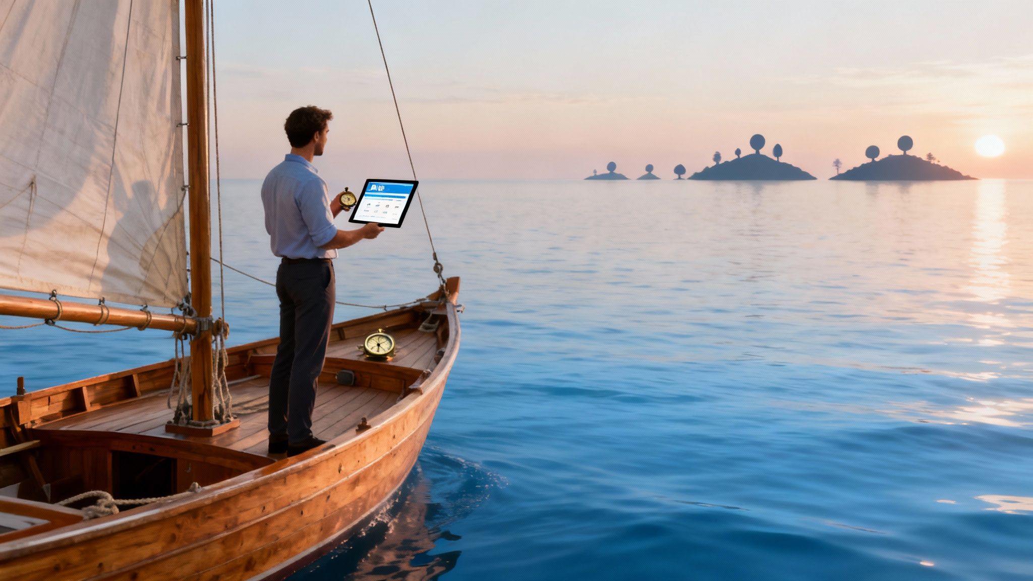 Un hombre en un velero al atardarcer, usando una tablet y un compás para navegar.