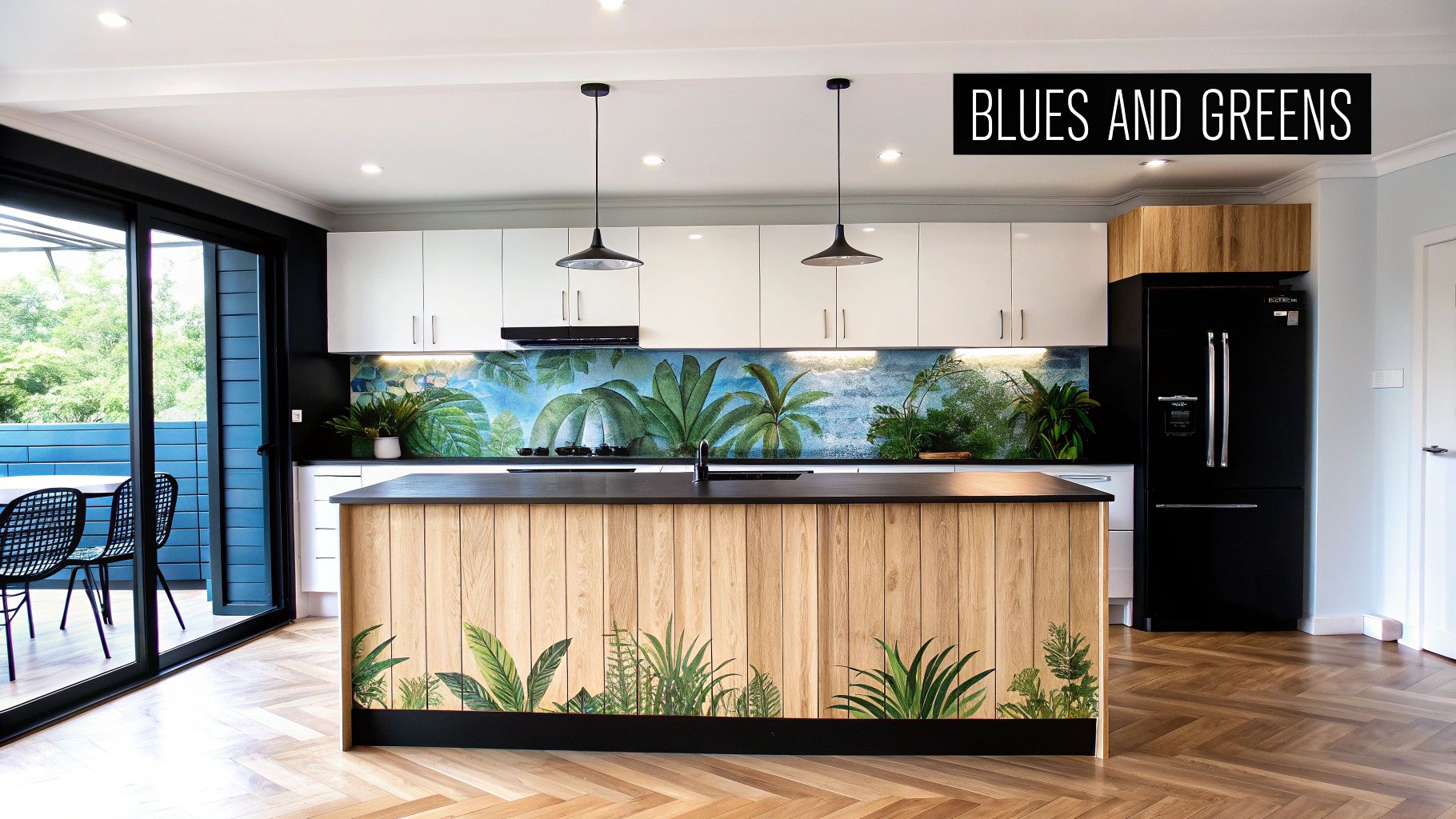 A modern kitchen with white cabinets, dark counters, a tropical plant backsplash, and a wooden island.