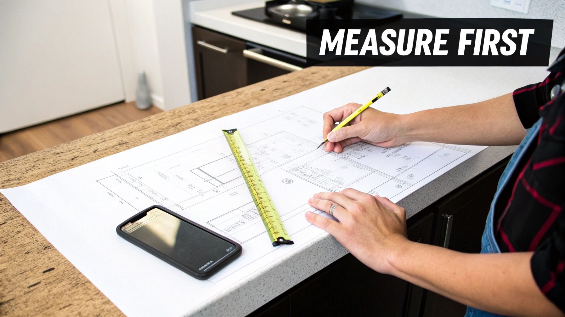 A person reviews blueprints with a measuring tape and smartphone on a countertop.