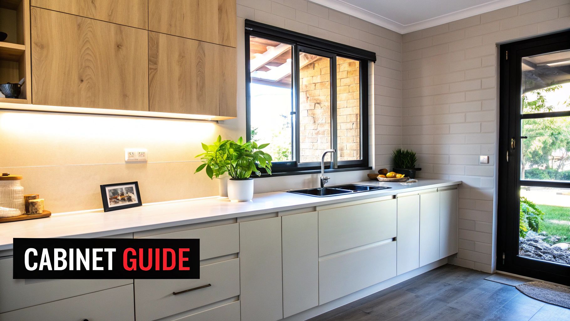 Modern kitchen featuring light wood upper cabinets, light grey lower cabinets, and a white countertop with under-cabinet lighting.