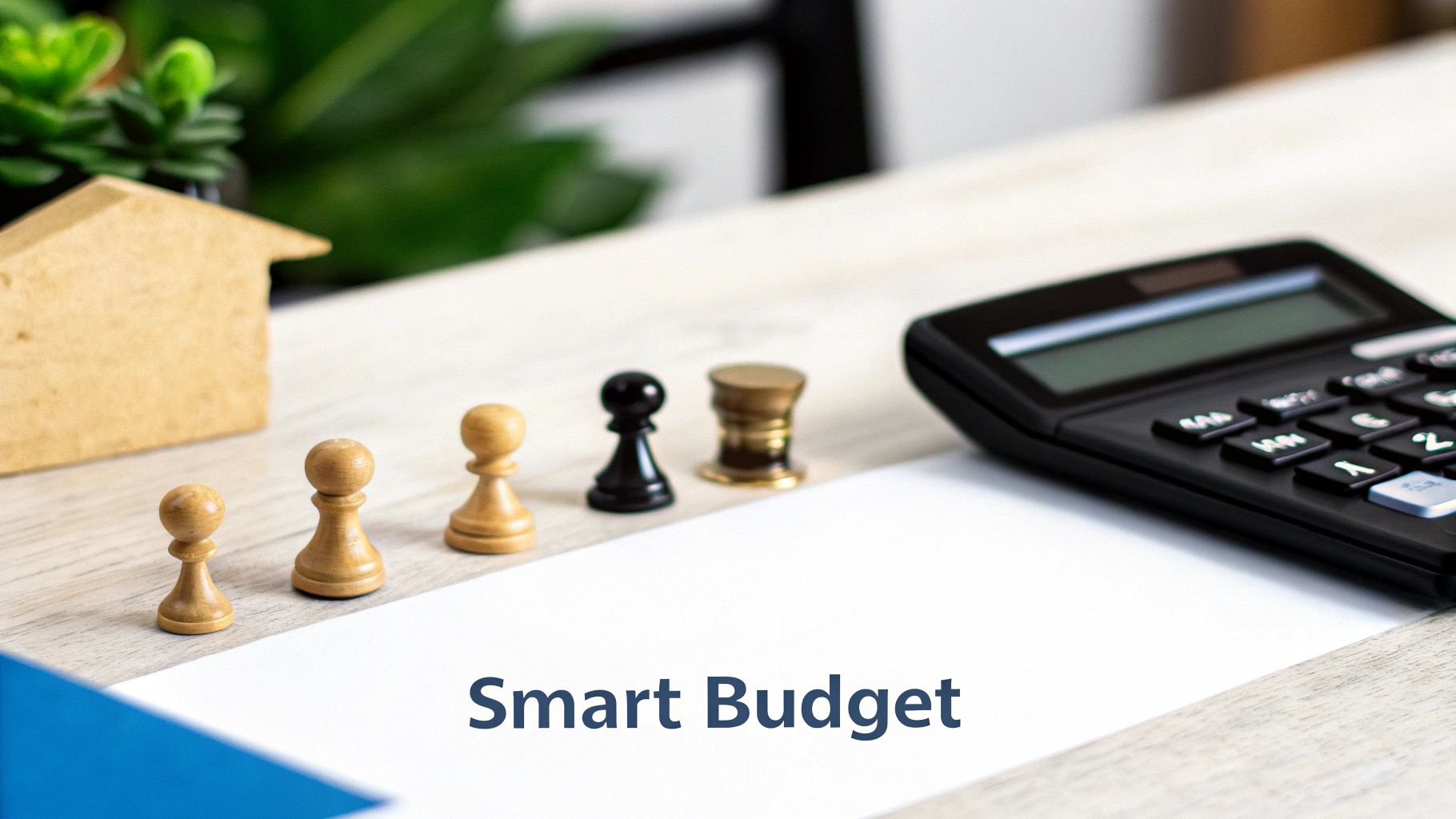 A wooden house, chess pieces, and a calculator on a desk with 'Smart Budget' written on paper, symbolizing financial planning.
