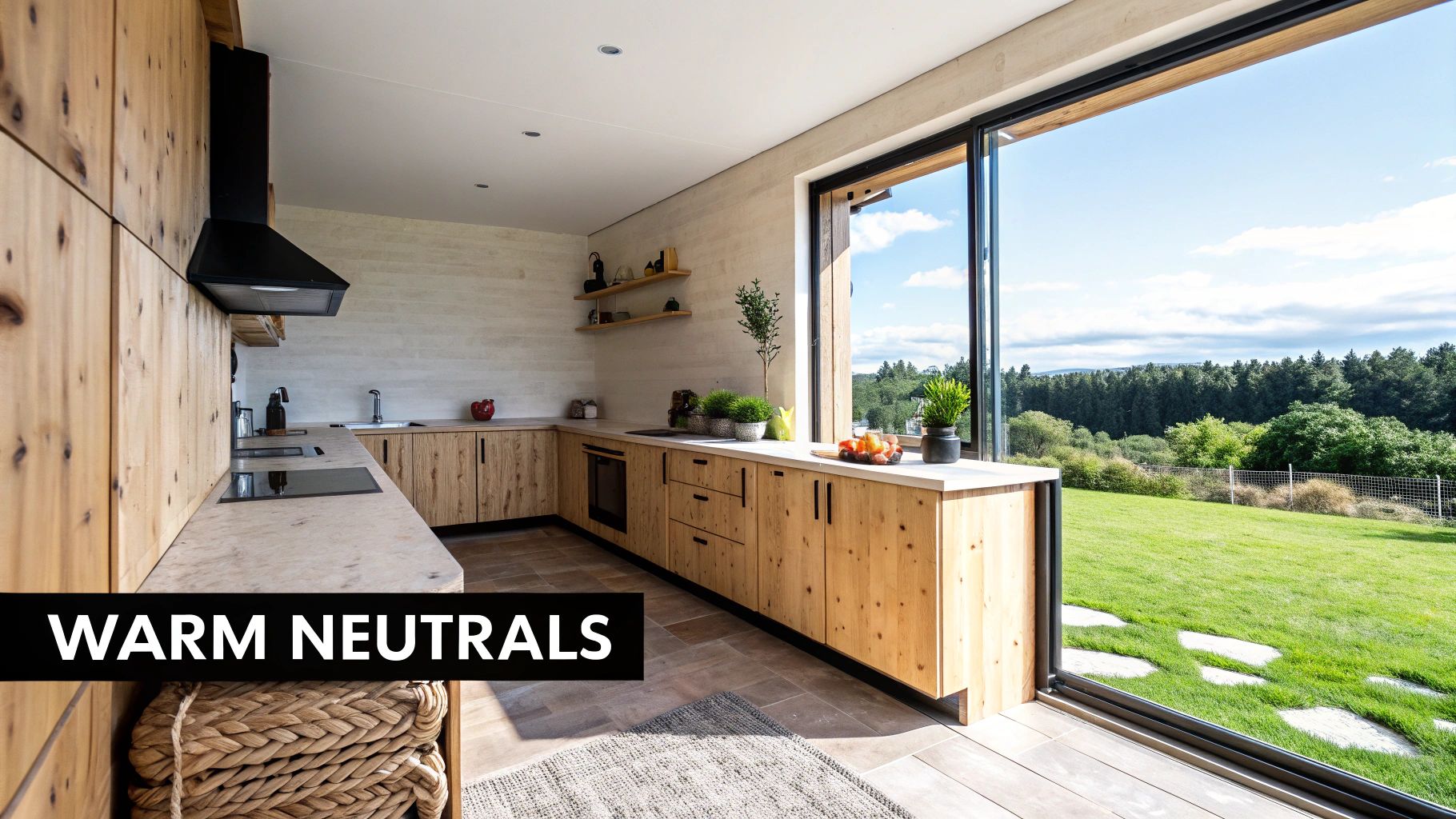Spacious kitchen with natural wood cabinets, black accents, and a large window showcasing a vibrant outdoor view.