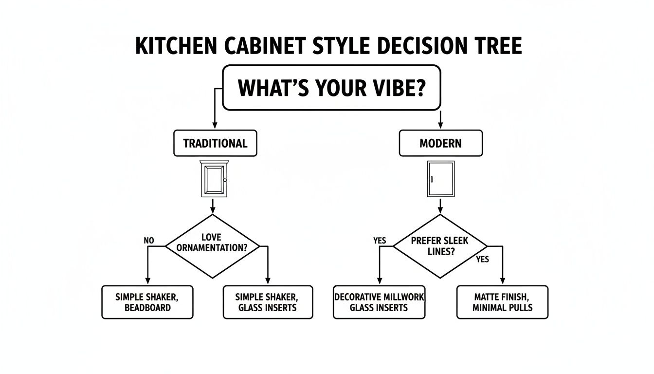 Flowchart guiding users through traditional or modern kitchen cabinet style decisions based on preferences.