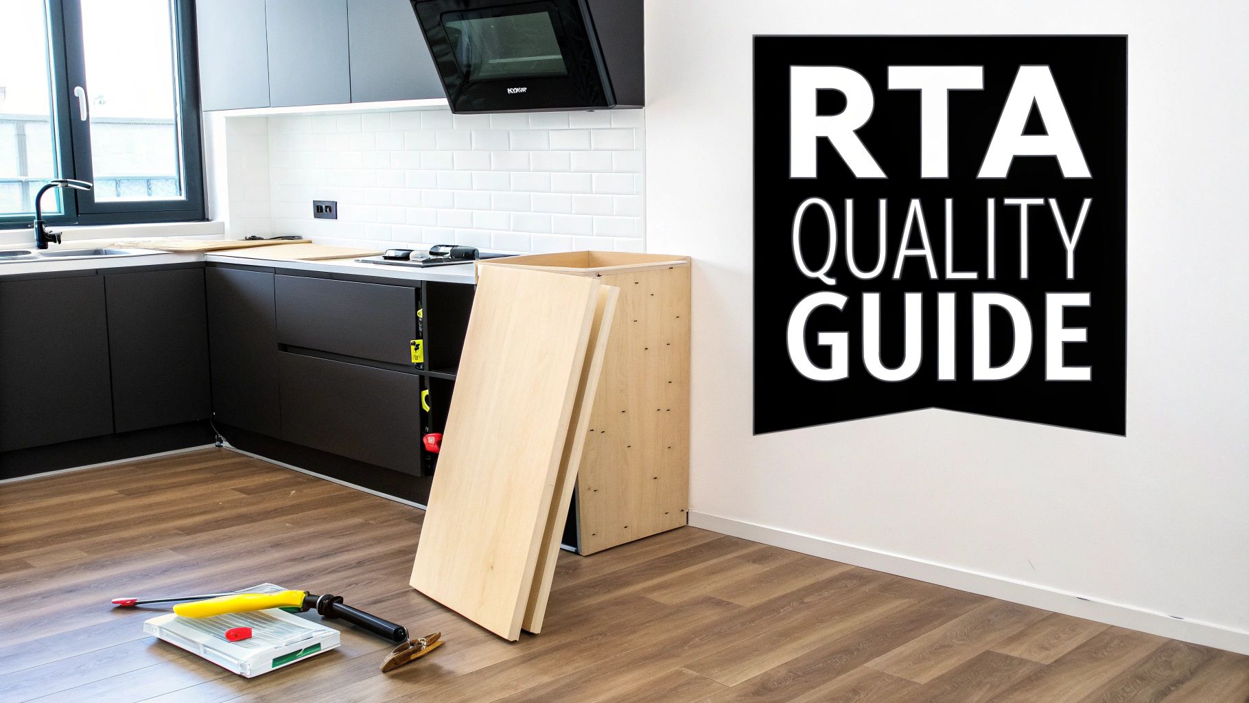 Modern kitchen with unassembled RTA cabinet components, assembly tools, and an RTA quality guide.
