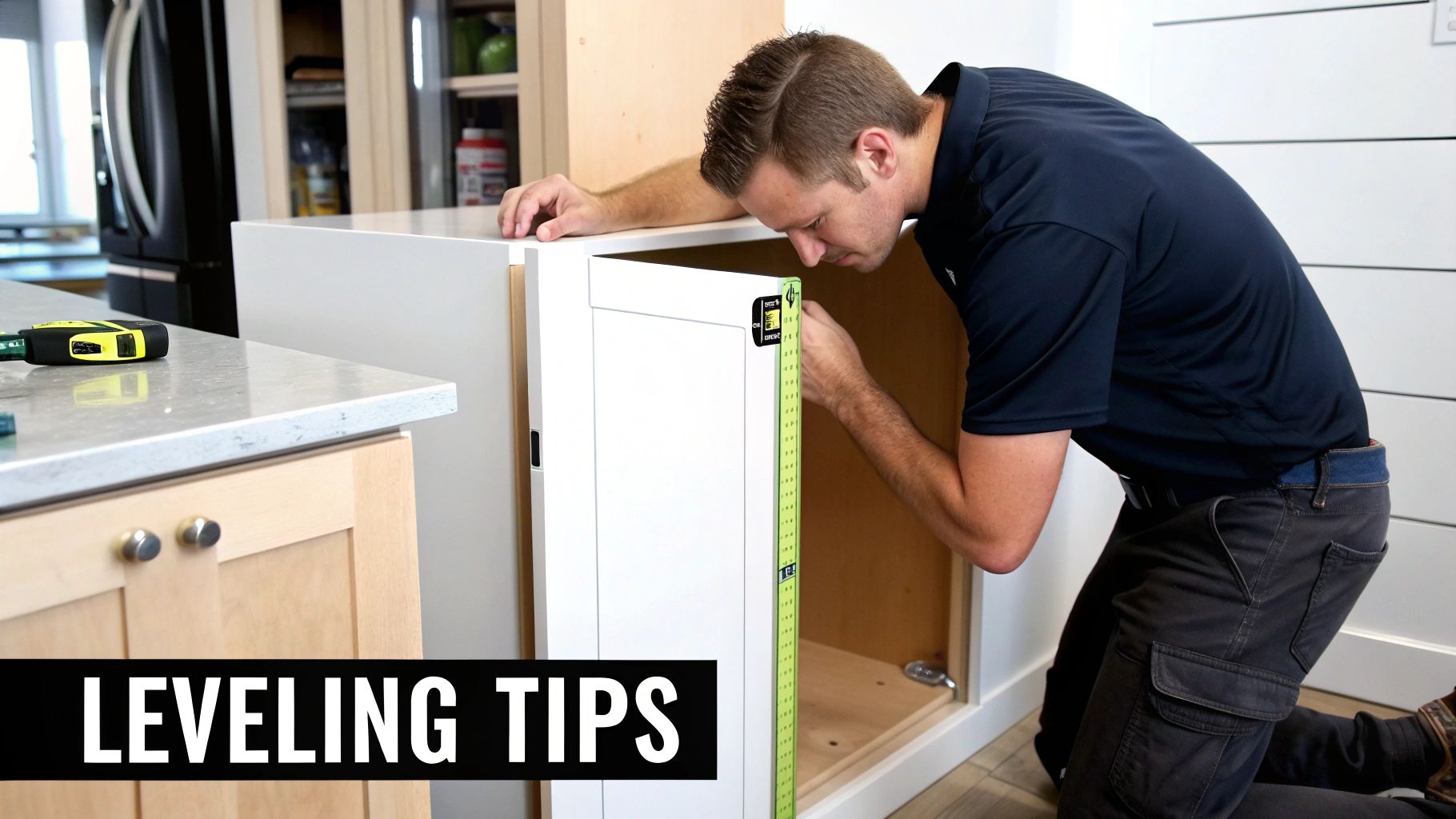 A man kneels to precisely measure and level a white frameless kitchen cabinet during installation.