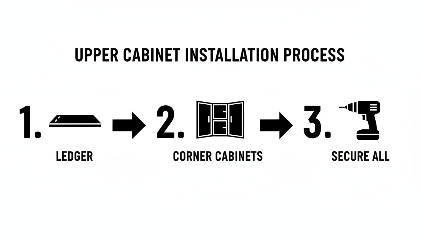 Visual guide outlining the three-step process for upper cabinet installation: ledger, corner cabinets, and securing all.