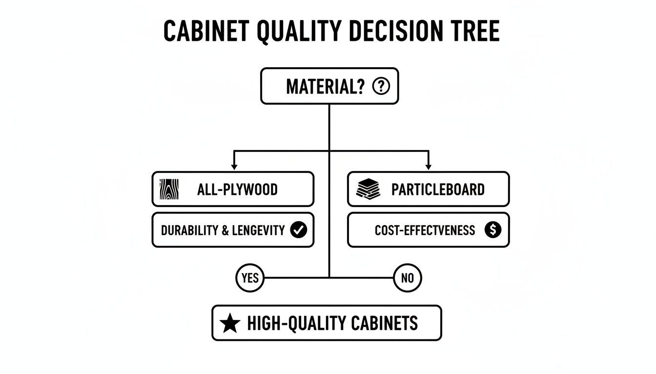A cabinet quality decision tree comparing all-plywood for durability and longevity to particleboard for cost-effectiveness.
