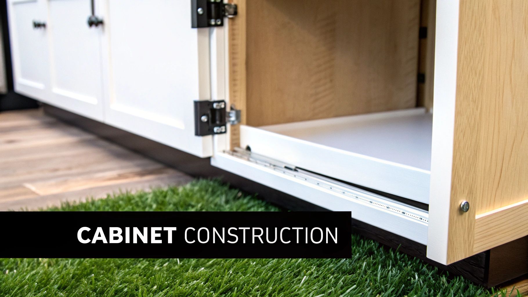 Close-up of an open frameless cabinet revealing hinges, a pull-out drawer, and its construction.