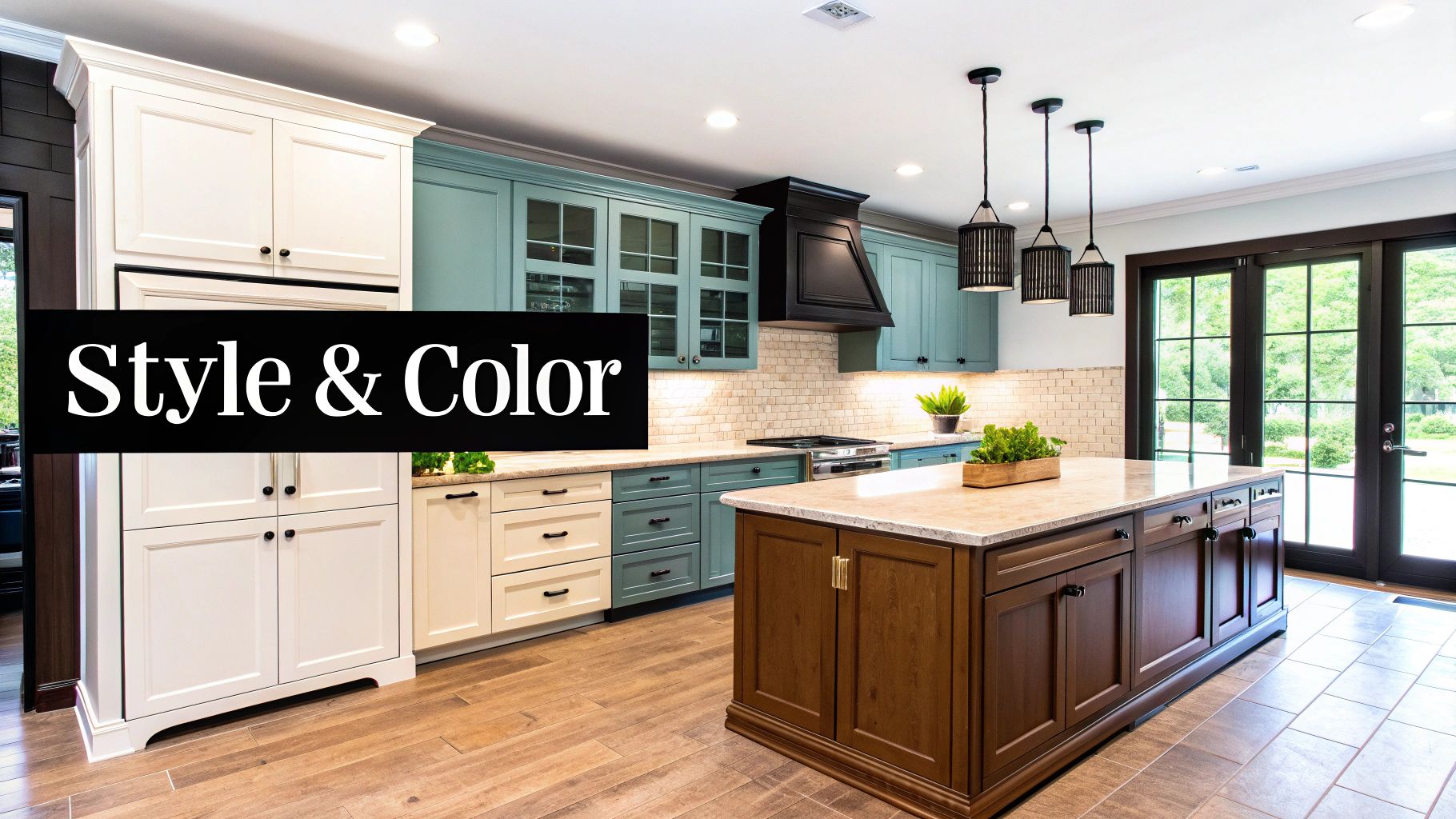 Modern kitchen with white, teal, and brown cabinets, a large island, and outdoor view.