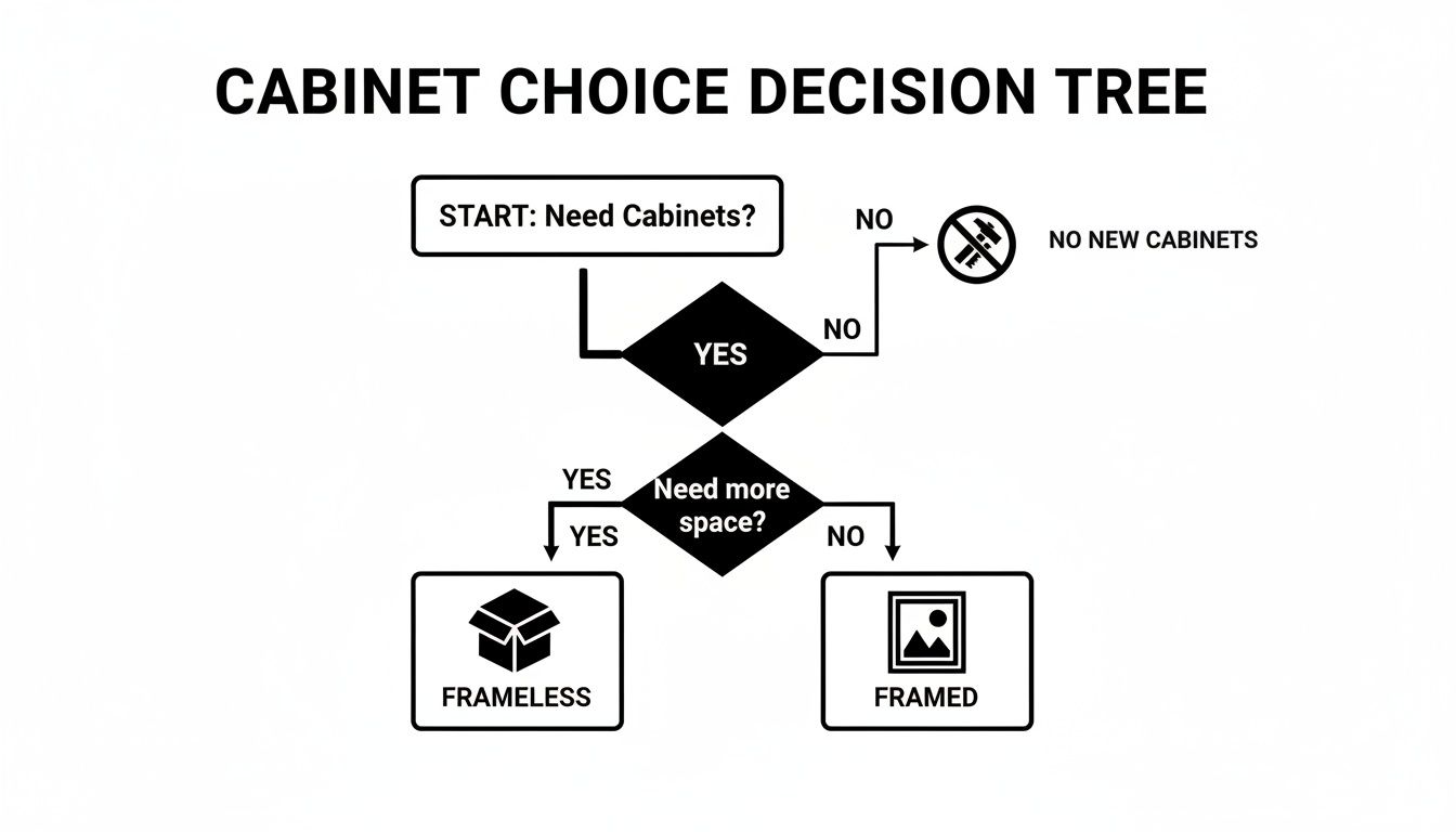 A decision tree flowchart for choosing cabinets, guiding users based on need and space.