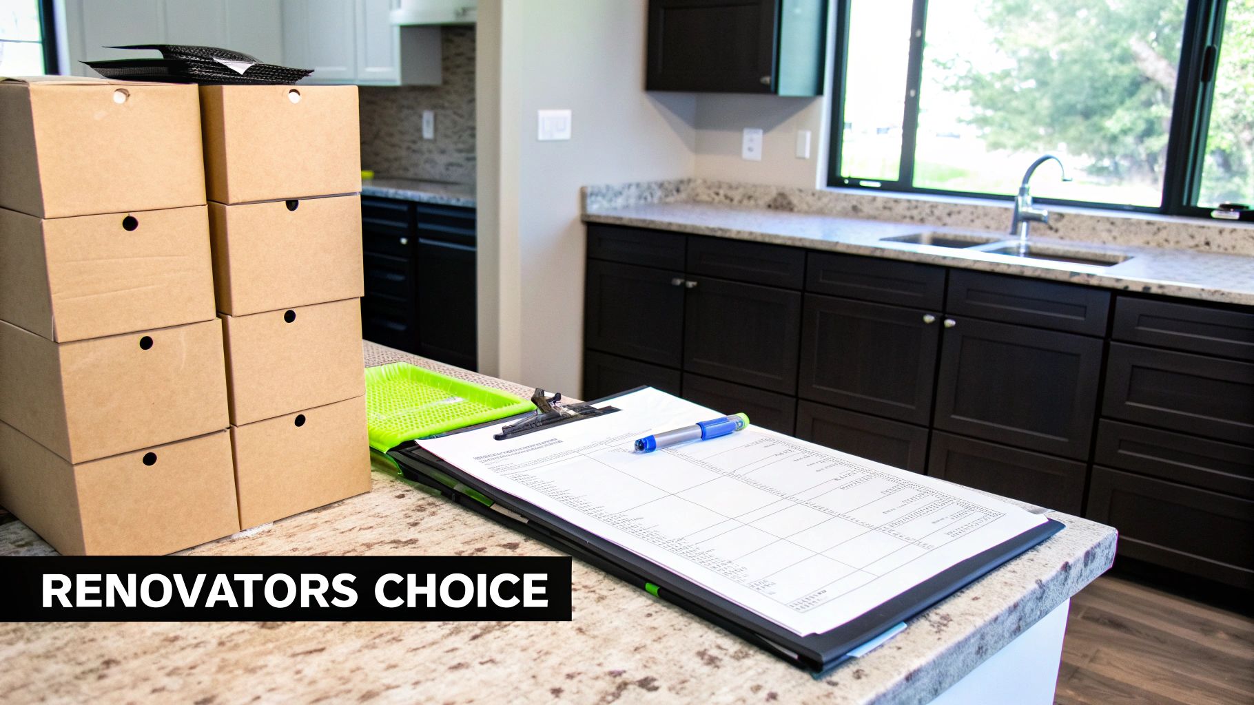 A modern kitchen with dark RTA cabinets, granite countertops, and renovation planning documents.