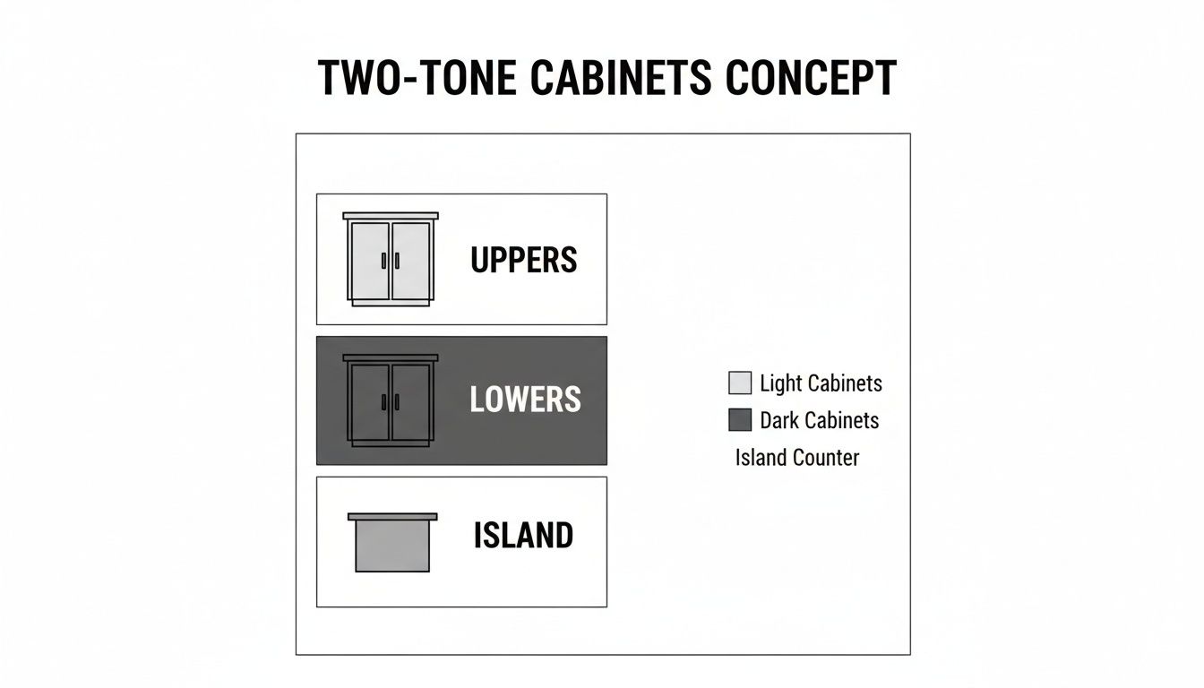 Diagram illustrating a two-tone kitchen cabinet concept with light uppers, dark lowers, and an island.