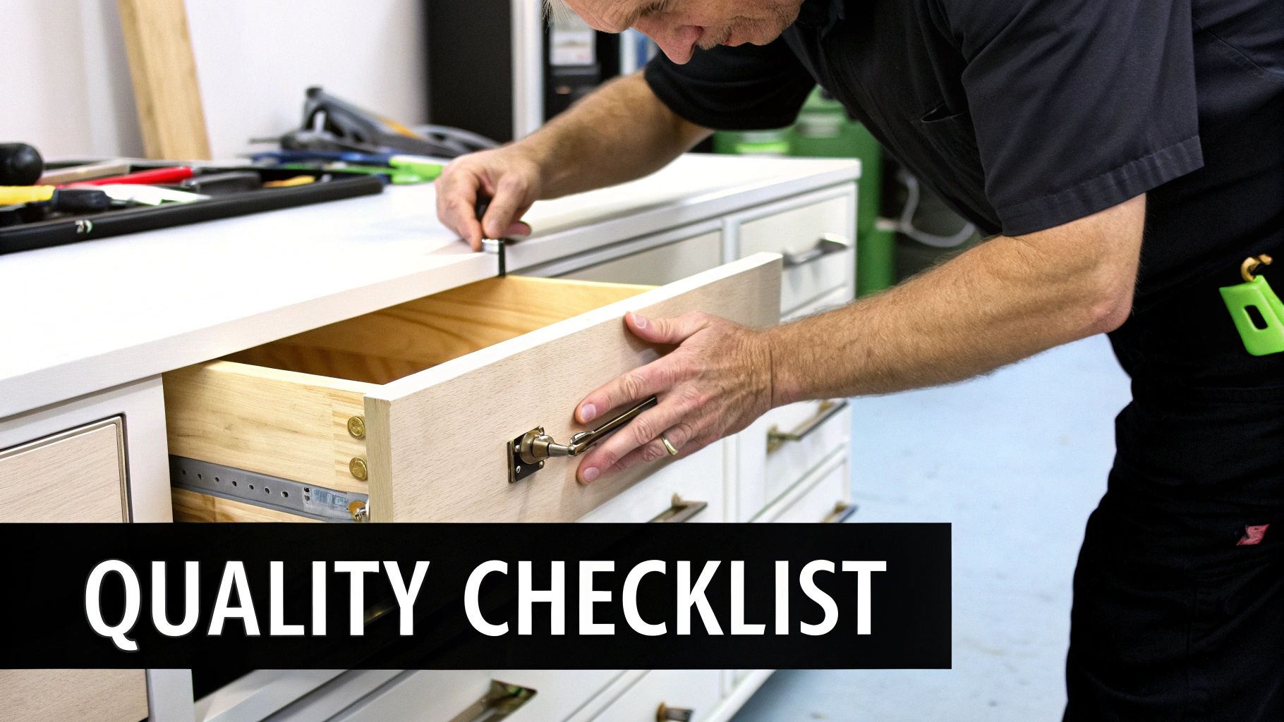 A craftsman precisely measures a newly installed wooden cabinet drawer, ensuring quality and fit.
