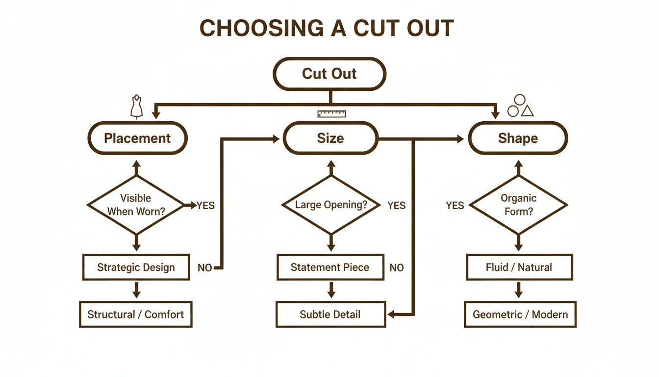 A flowchart detailing the process of choosing a cut out, considering placement, size, and shape design decisions.