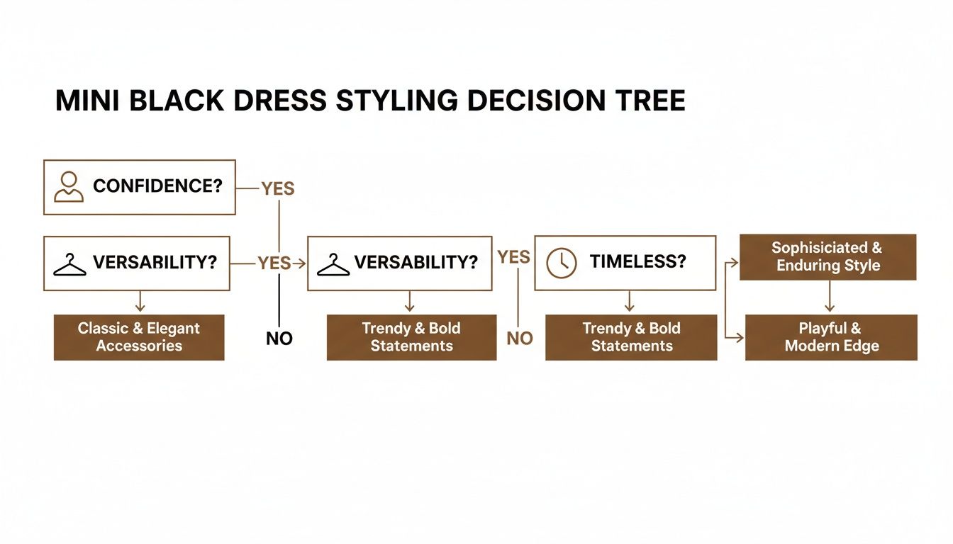 A mini black dress styling decision tree flowchart based on confidence, versatility, and timelessness.