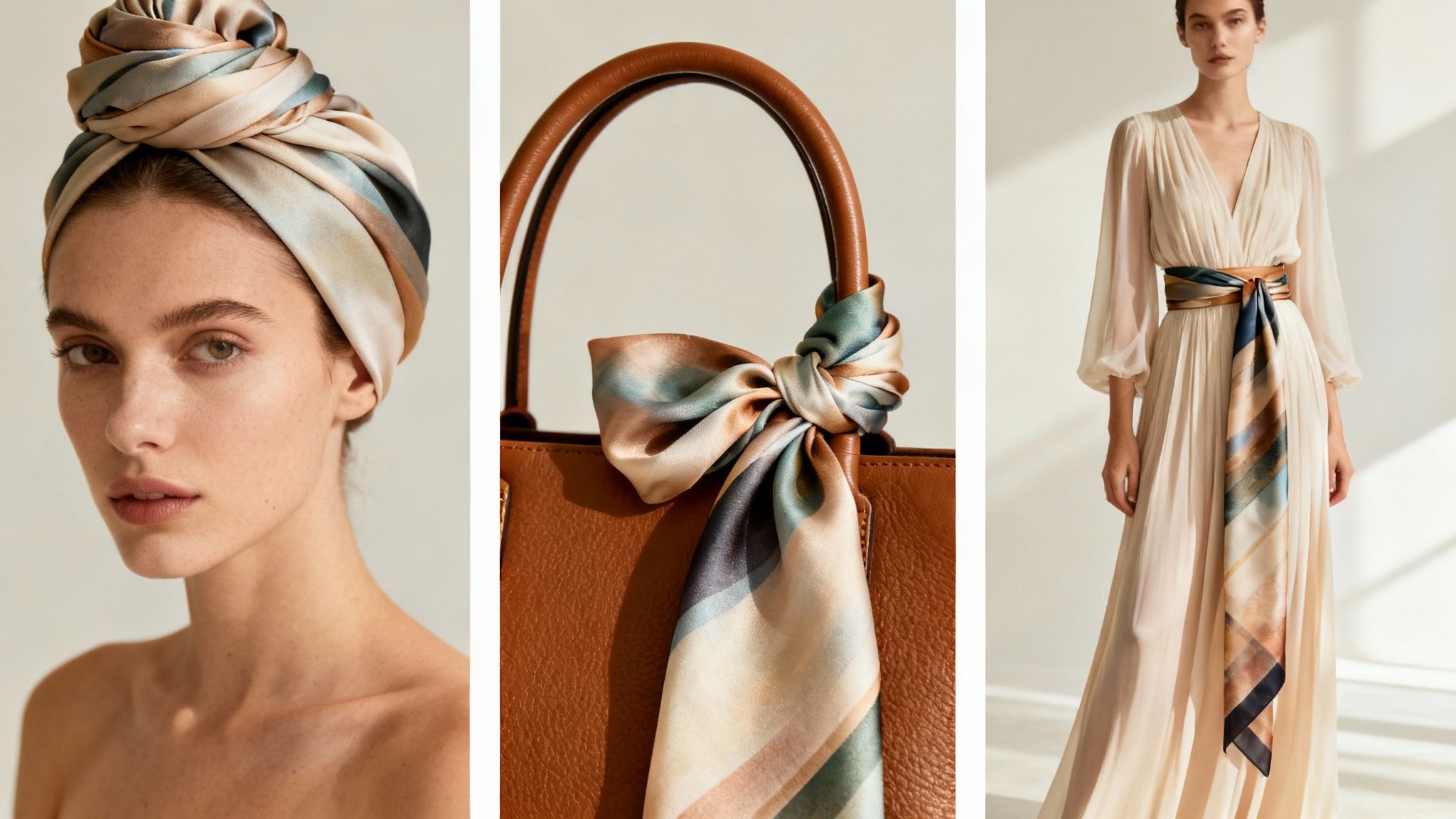 Three creative ways to style a patterned silk scarf: as a headwrap, on a handbag, and as a dress belt.