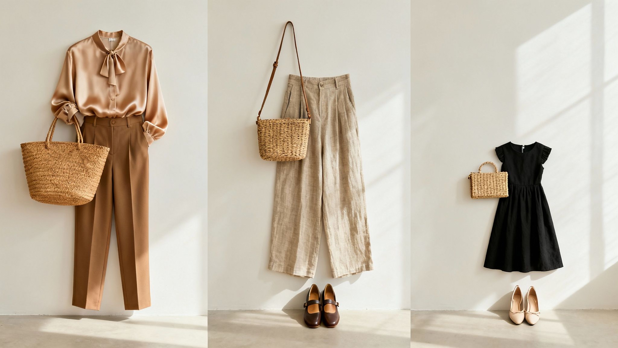 Three fashion flatlays: a beige blouse and trousers, linen pants, and a black dress, all with woven bags.