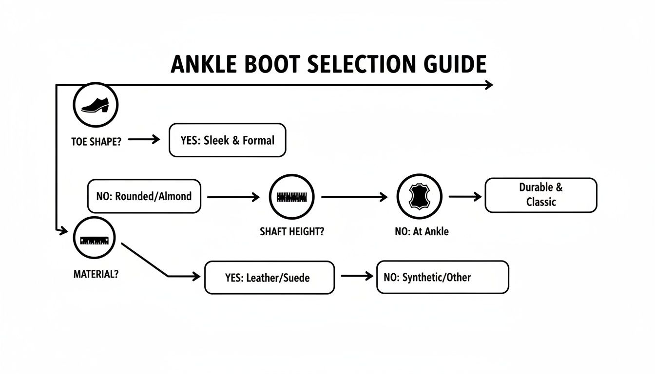 Flowchart guiding ankle boot selection based on toe shape, shaft height, and material characteristics.