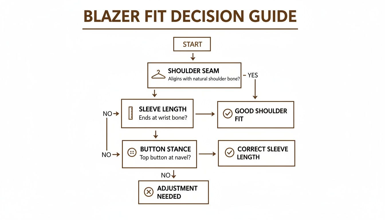 Flowchart guiding how to check the fit of a blazer, covering shoulder seam, sleeve length, and button stance.