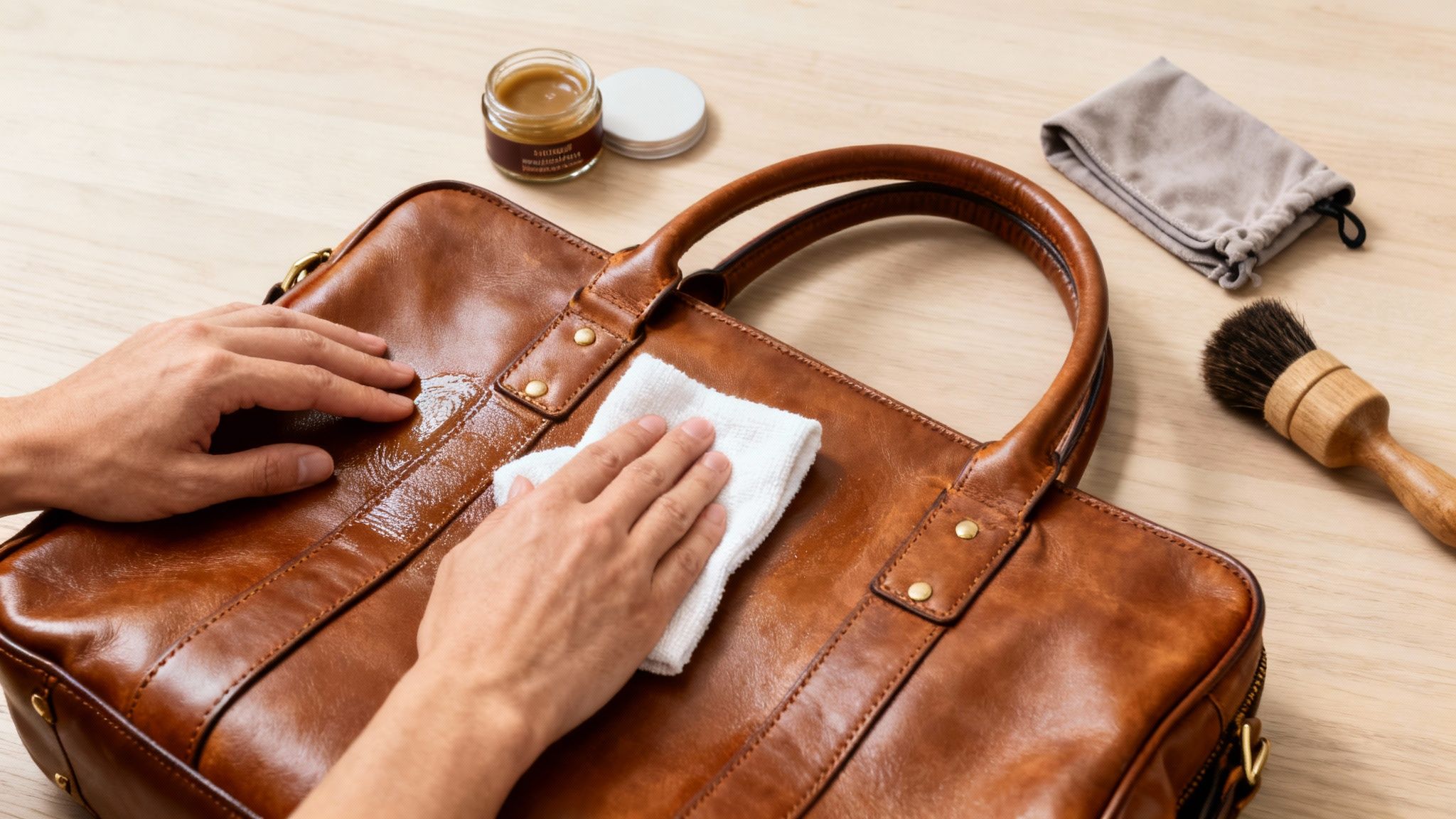 Hands conditioning a brown leather top-handle bag with a cloth, cream, and brush on a wooden surface.