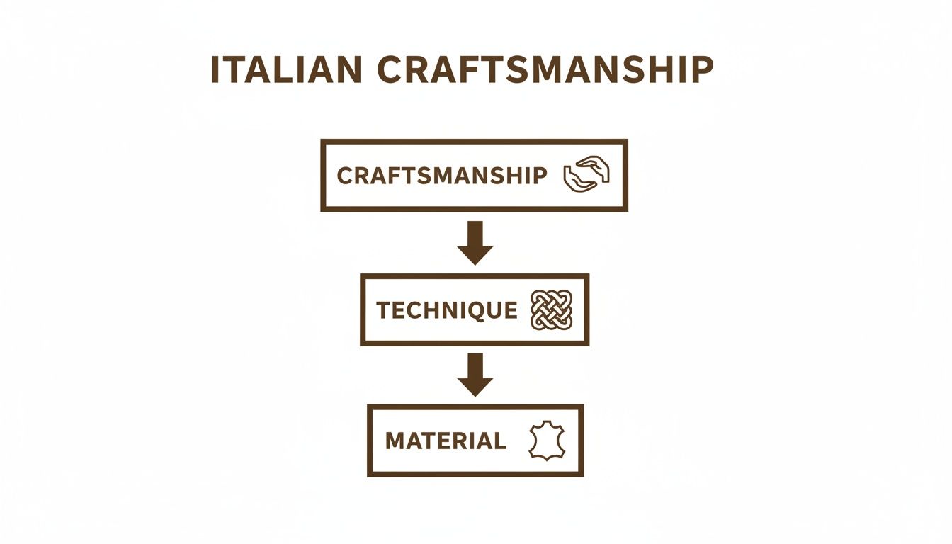 Diagram detailing Italian craftsmanship: showing craftsmanship, technique (knot icon), and material (leather icon).