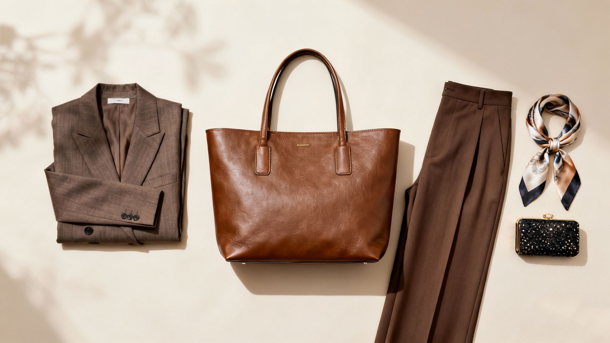 Stylish women's work attire and accessories, featuring a brown blazer, trousers, leather tote bag, silk scarf, and clutch.