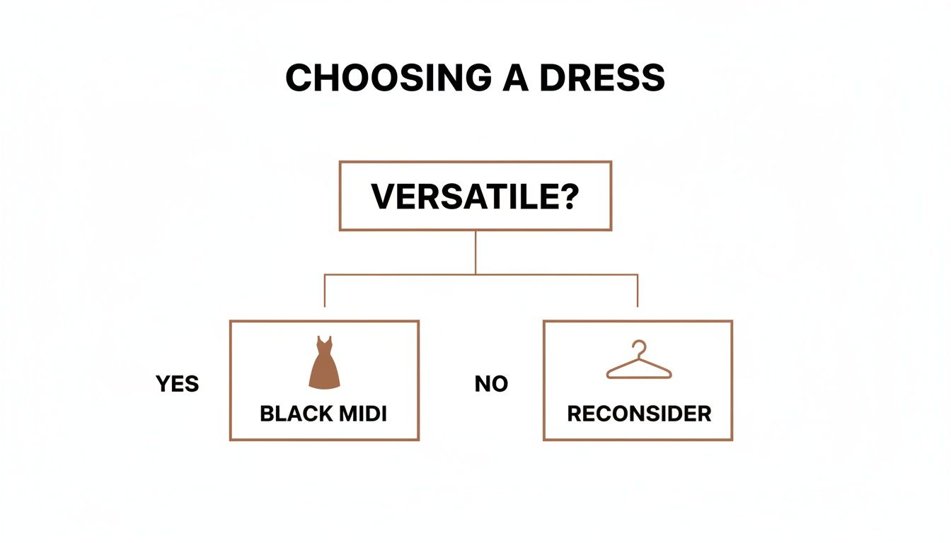 A simple decision flowchart for choosing a dress, highlighting versatility and recommending a black midi.