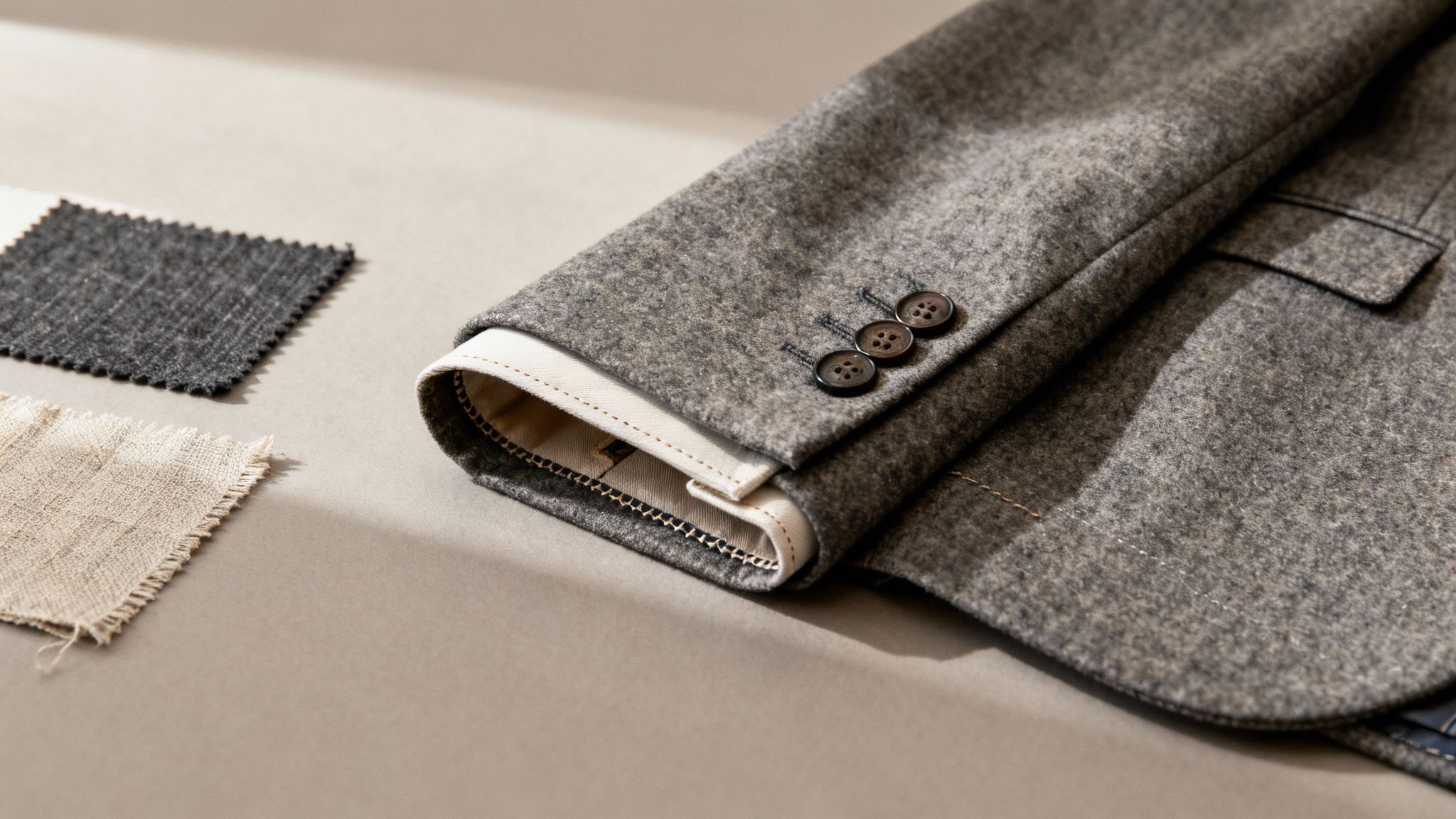 Stylish grey tailored blazer sleeve with visible lining and two fabric samples.