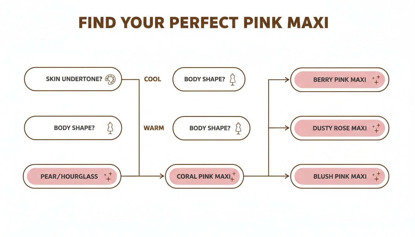 Flowchart guiding users to find the perfect pink maxi dress based on skin undertone and body shape.